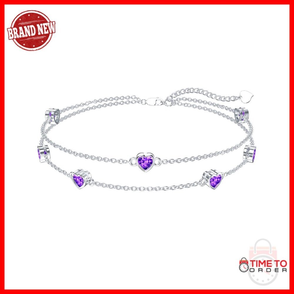 925 Sterling Silver Heart Birthstone Anklet Bracelet Adjustable Link Chain
